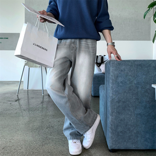 mrdong韩国男装独特浅灰色，水洗磨白时尚设计感阔腿直筒牛仔裤