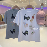 韩版宽松休闲圆领百搭卡通可爱猫咪动物印花短袖t恤上衣女夏