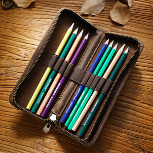 爱国牛复古头层牛皮笔袋疯马皮方形钢笔拉链真皮文具袋创意铅笔盒