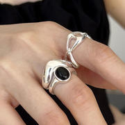 小众设计简约素圈气质凹型光面戒指女时尚百搭高级感黑玛瑙食指戒