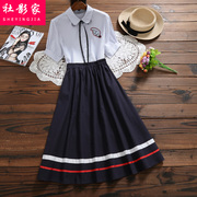 夏季短袖条纹连衣裙女2024初中高中学生韩版显瘦半身裙两件套