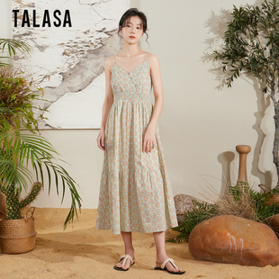 TALASA纯棉吊带连衣裙2024年夏复古印花盐缩工艺优雅减龄长裙