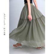 阿力仙娜绿色大摆网纱半身裙2023年秋冬女士高腰法式复古风蓬蓬裙
