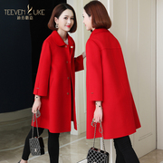 红色呢子大衣2020新双面(新双面，)呢羊毛，外套韩版秋冬中长款水波纹气质女装