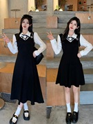 背带连衣裙子女秋季学院风JK制服假两件套装收腰法式长袖小黑长裙