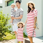 韩国条纹亲子装夏装一家三口短袖，t恤连衣裙，沙滩裙海边纯棉全家装