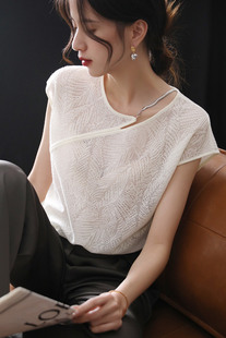 白色镂空针织衫上衣女，设计感小众亮丝提花，法式薄针织短袖t恤小衫