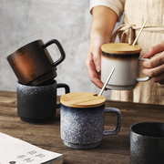 日式杯陶瓷杯带盖勺马克杯商用复古水杯咖啡杯办公室喝水杯子茶杯