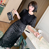 MIUCO法式复古泡泡袖烫钻黑色T恤+优雅网纱钉珠半身裙套装