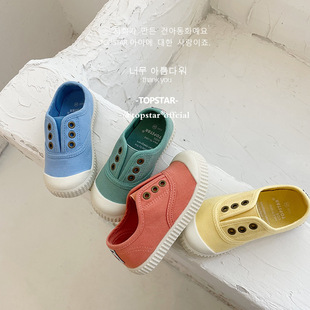 韩国糖果色儿童帆布鞋春秋一脚蹬，男女童布鞋，幼儿园宝宝软底室内鞋