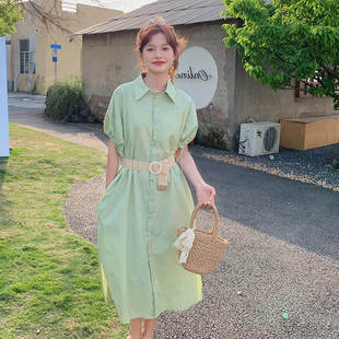 泡泡短袖浅绿色连衣裙女夏季韩版收腰显瘦中长款衬衫裙子