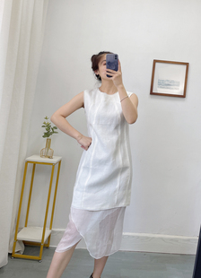 轻奢~内衬苎麻~100亚麻连衣裙女夏 松弛感优雅法式白色中长款裙子