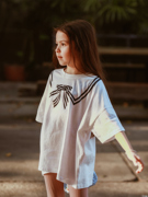 史豌豆(史豌豆)女童，短袖2024夏季儿童蝴蝶结，印花休闲上衣宝宝洋气t恤