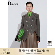 idpan女装冬季时尚设计感双排扣不对称下摆，羊毛短款西装外套