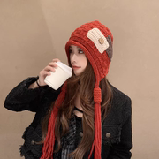 2023时尚贴布流苏红色毛线帽子女秋冬季保暖手工辫子针织帽潮