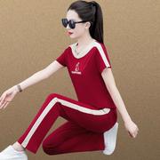 女休闲运动套装夏季棉，2024红色减龄短袖，时髦拼色两件套0301b