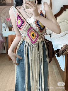 民族风波西米亚中长款手工编织针织吊带流苏丽江度假旅拍罩衫女装