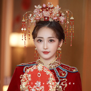 中式新娘凤冠头饰红色古风绒花琉璃，古典汉服配饰品结婚秀禾服发饰