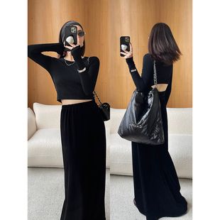 guanglin人手一条可搭配一切上衣的黑色丝绒长裙半身裙显瘦垂感