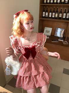 森女系原创想去海边 洋娃娃与小熊 红色格子元气甜美连衣裙