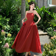 红色吊带连衣裙女夏海边度假长裙，显白沙滩裙生日，礼服裙法式高级感