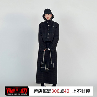 吴童童(吴童童)黑色小香风，立领短款夹棉外套女秋冬韩系气质高级小香套装