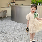 依依妈儿童夏季公主裙子女童洋气泡泡袖精致刺绣蕾丝仙女连衣裙