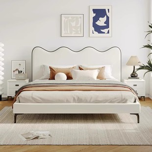 奶油风真皮床现代简约软包主卧大床1.8米双人床卧室轻奢储物婚床