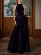 爱丽丝梦境 婚礼宴会紫色真丝丝绒连衣裙晚可定制礼服