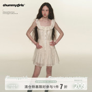 chummy23ss原创小方领法式贝壳，扣天丝绣花飞飞，袖荷叶边显瘦连衣裙