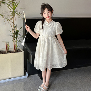 女童连衣裙夏装洋气白色蕾丝，公主裙2024儿童，新中式国风旗袍裙