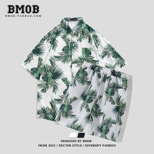 bmob夏季短袖衬衫男士，五分裤痞帅潮牌宽松休闲沙滩，度假风两件套装