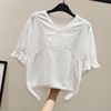 白色衬衫女短袖2023夏季镂空刺绣花蕾丝衬衣V领宽松纯棉上衣