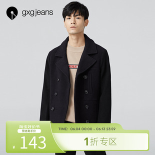 gxgjeans男装冬季藏青色翻领，双排扣拼接中长款毛呢大衣