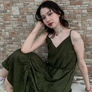 VintageTang美式复古显白军绿色吊带连衣裙女宽松无袖长裙骁贰