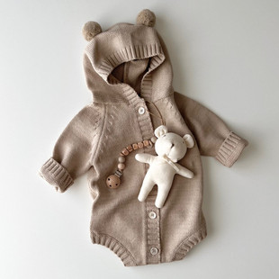 婴儿秋冬款可爱长袖，针织哈衣爬服男女宝宝小熊，毛线连体衣毛衣外套