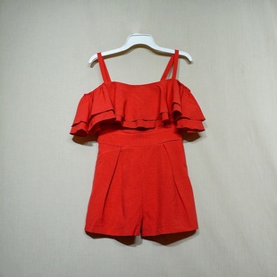 外贸原单夏季小个子红色连体衣女式显瘦一字肩荷叶边连体短裤