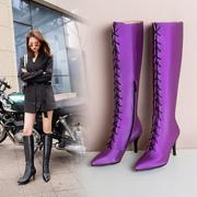 鞋子紫色米白色靴子高跟，尖头女鞋大码靴子小码女靴30-48pcsa