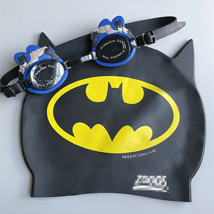 儿童泳镜泳帽 蝙蝠侠卡通造型中小童硅胶防水泳帽防水防雾泳镜