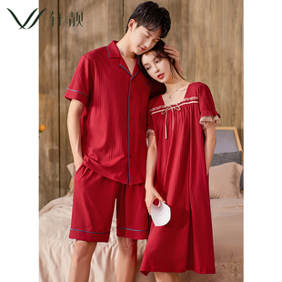情侣红色睡衣女夏季薄款纯棉睡裙新娘，结婚家居服男士短袖大码套装