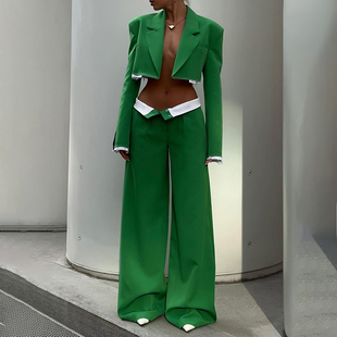 欧美复古绿色露脐西装外套+翻边裤腰西裤套装个性炸街款两件套潮