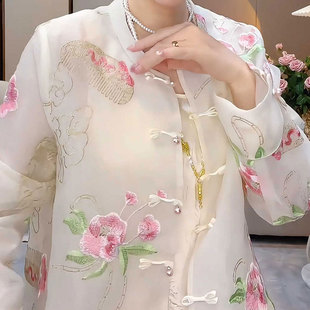 新中式国风轻奢超好看白色盘扣重工刺绣花欧根纱防晒罩衫衬衫女夏