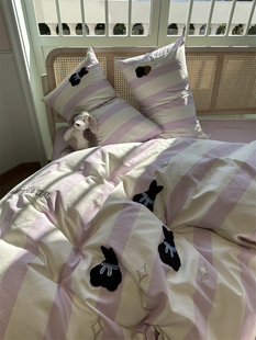 100支磨毛毛巾绣星星兔条纹四件套纯棉1.5m1.8米公寓床单被套顺滑