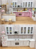 1 12娃娃屋微缩家具模型迷你厨房微景观粉色木制组合水槽炉灶橱柜