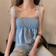 夏季2024韩版甜美纯色短款系带压褶平领显瘦小吊带背心上衣女