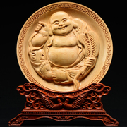 黄杨木雕弥勒佛像摆件实木头根雕刻大肚笑佛圆盘红木质家居工艺品