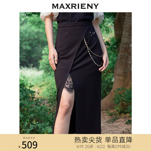maxrieny纯欲宫廷风裙子侧开叉蕾丝，一步裙22夏黑色(夏黑色，)半身短裙设计感
