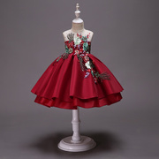 女童礼服绣花裙子蝴蝶结，可爱连衣裙蓬蓬，绸缎公主裙派对表演礼服