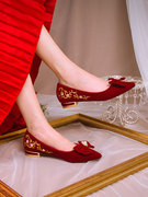龙凤褂婚鞋小众高级感低跟平底刺绣，新娘结婚中式婚礼订婚红色单鞋