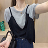 竹节棉上衣夏季2024韩版设计感拼接假两件体恤短袖女洋气T恤